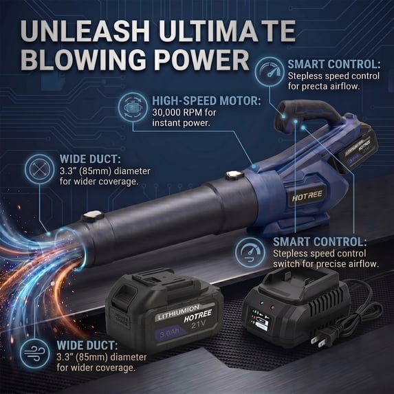 HOTREE Cordless Leaf Blower, 600 CFM, 170 MPH, Stepless Speed Control, 2 x 2.0 Ah Batteries, Lightweight, Suitable for Lawns, Garages, and Patios
