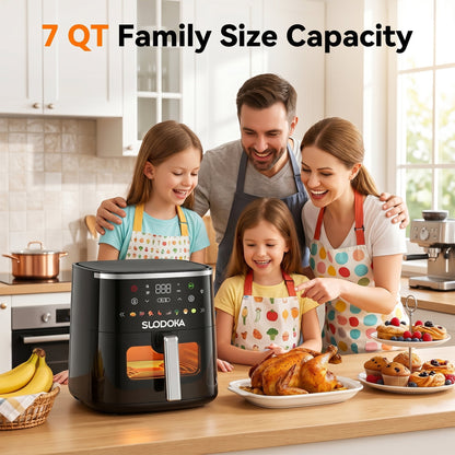 Suodoka 8-in-1 Air Fryer 7QT, 400°F Max, Viewing Window, Preheat & Keep Warm, Shake Reminder, Nonstick Basket