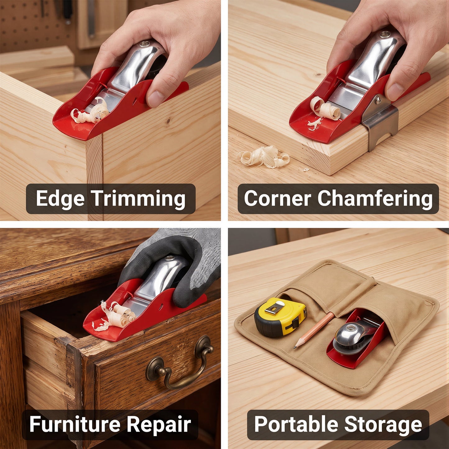 OHHANI Adjustable Metal Wood Hand Plane with Carbon Steel Blade, Professional Planer for Woodworking and DIY, Red
