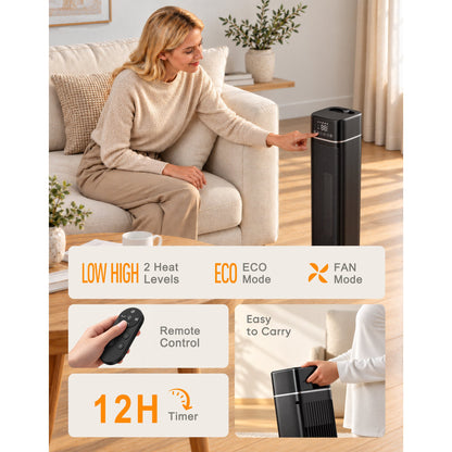Lairy 24inch 1500W Space Heater for Indoor Use, Electric Ceramic Tower Heaters with Thermostat,3 Modes, Eco, Night Light, Black