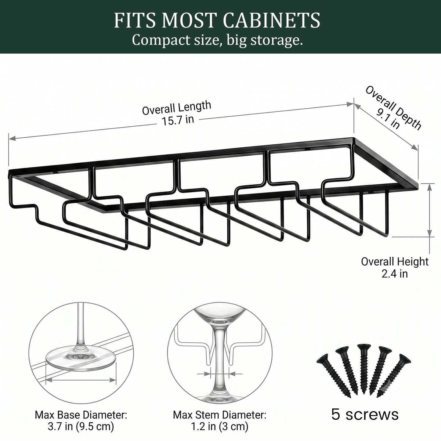 Riousery 4-Row Under Cabinet Wine Glass Rack, Metal Stemware Holder, Hanging Storage for Up to 12 Wine Glasses, Black