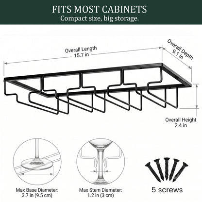 Riousery 4-Row Under Cabinet Wine Glass Rack, Metal Stemware Holder, Hanging Storage for Up to 12 Wine Glasses, Black