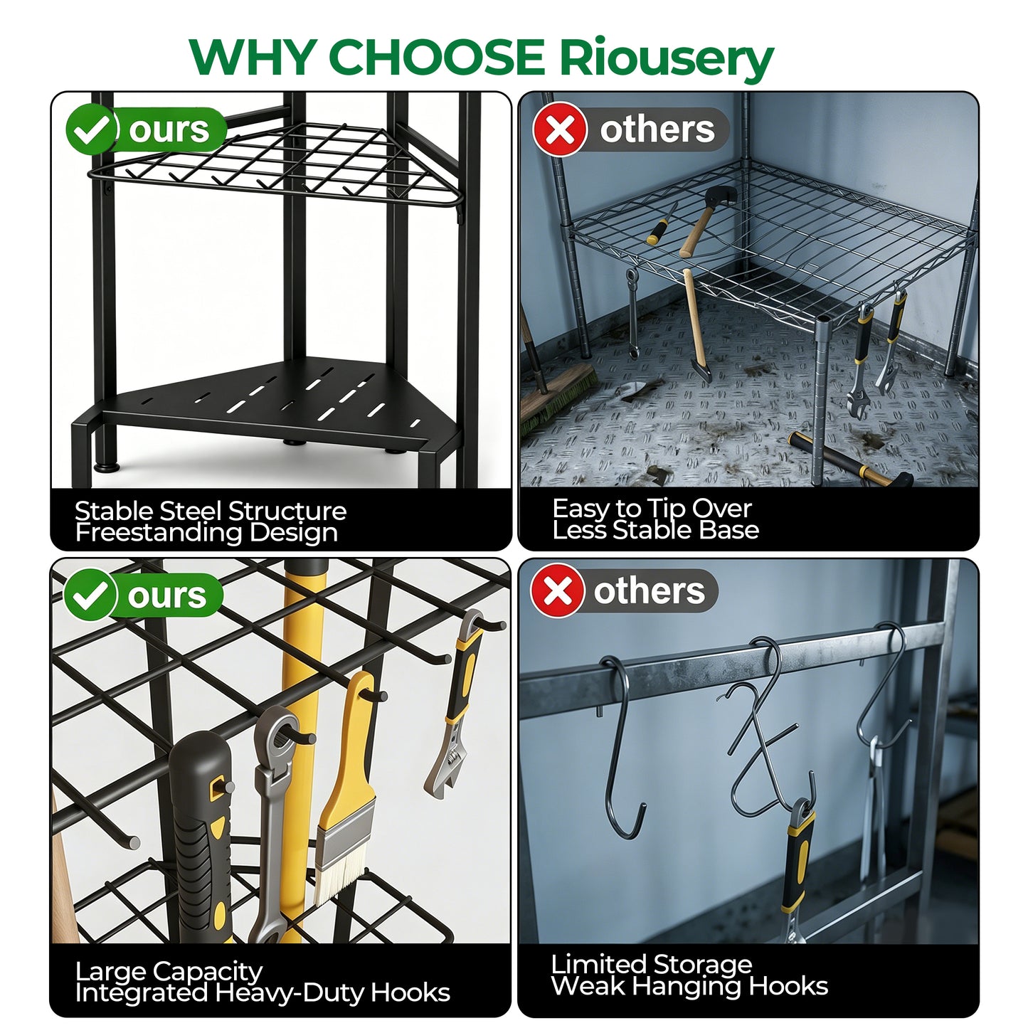 Riousery Garden Tool Organizer, Heavy Duty Metal Yard Tool Tower Rack with 34 Storage Slots & 14 Hooks for Garage Organization and Storage