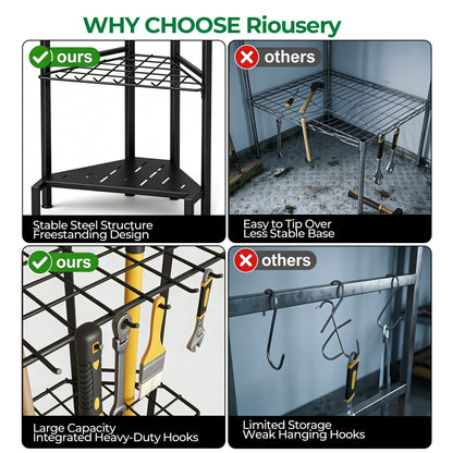 Riousery Garden Tool Organizer, Heavy Duty Metal Yard Tool Tower Rack with 34 Storage Slots & 14 Hooks for Garage Organization and Storage