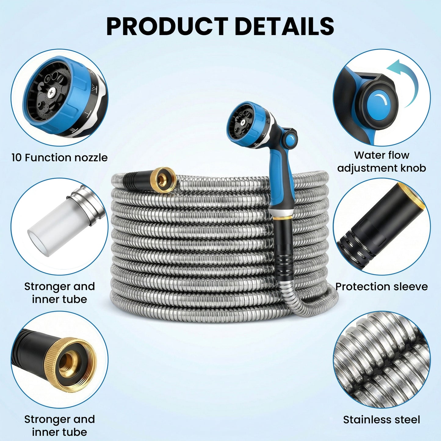 OHHANI Garden Hose 5/8" x 75ft with 10 Function Nozzle Stainless Steel Heavy-Duty Water Hose No Kink for Large Yard, Farm