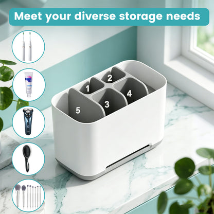AOLIGO 5 Slots Bathroom Toothbrush Holder, with Drain Holes, Non Slip Design, Removable for Easy Cleaning, Suitable for Bathroom Vanities, Sinks, and Other Settings, Gray
