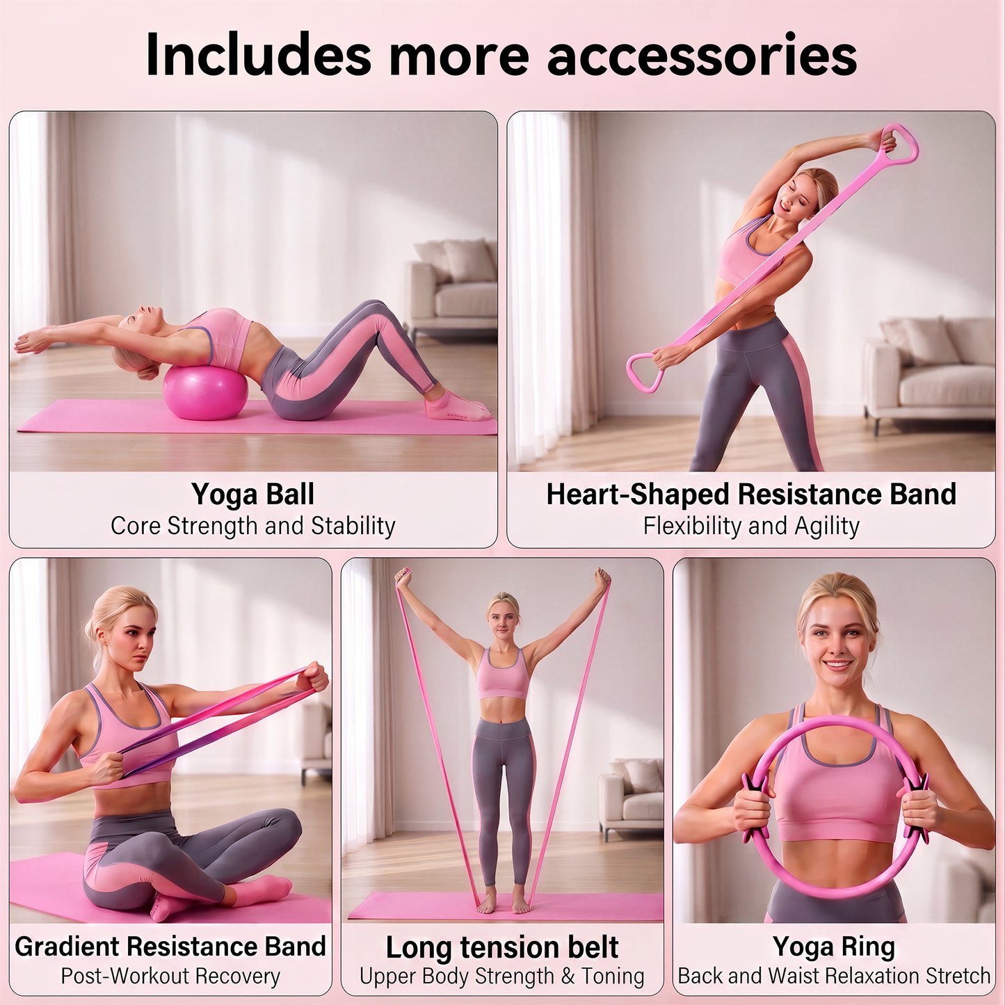 Feeray 14-Piece Pilates Equipment Kit for Women,Home Workout Set with Ring, Mini Ball, Sliders & Resistance Bands for Home Workouts