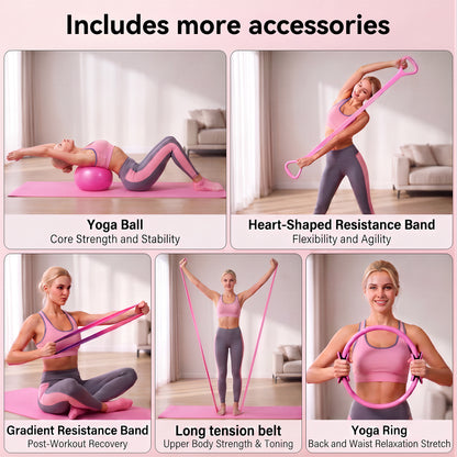 Feeray 14-Piece Pilates Equipment Kit for Women,Home Workout Set with Ring, Mini Ball, Sliders & Resistance Bands for Home Workouts