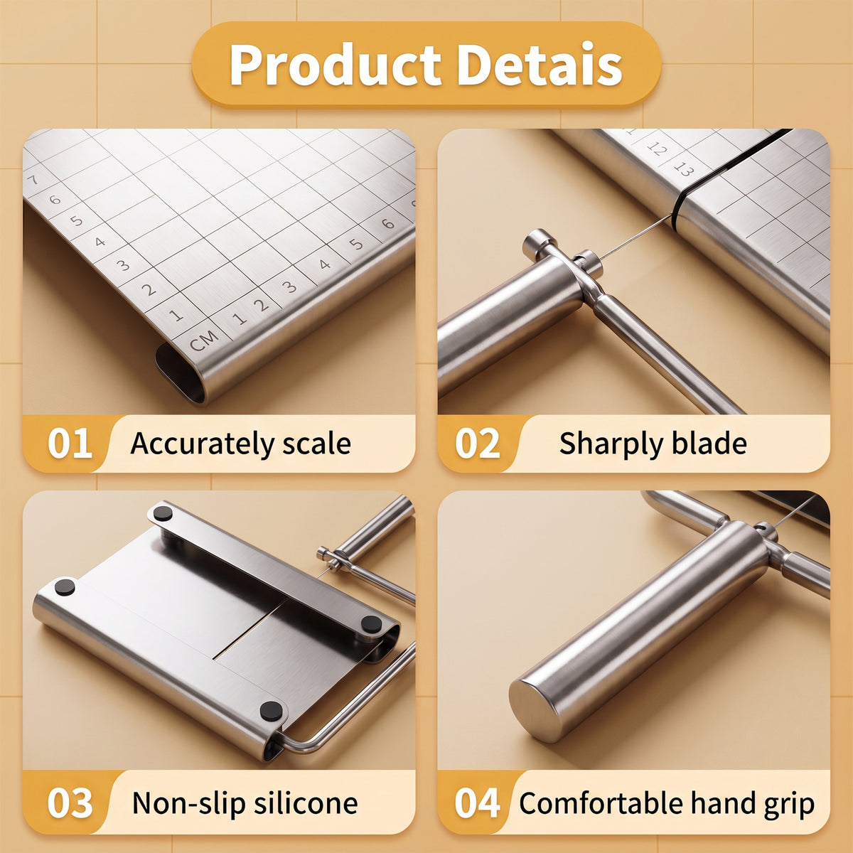 M Buder Cheese Slicer, Stainless Steel Cheese Cutter with Blade and Measuring Grids Board, Wire Cheese Cutter for Butter Cutter, Food Slicer