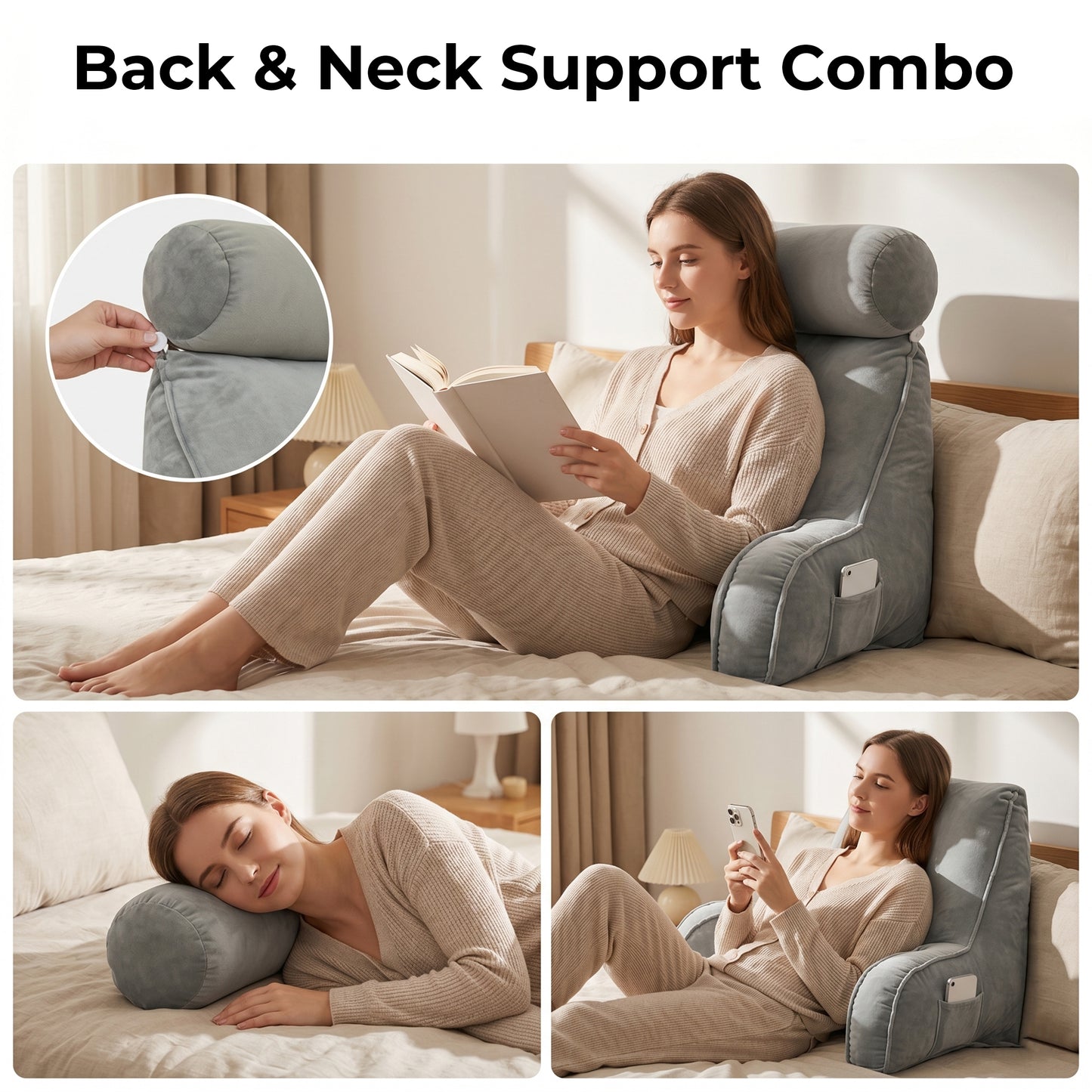Riousery Reading Pillow with Arms and Semi-Round Neck Roll, Bed Rest Pillow for Sitting Up in Bed, Back Support Pillow with Phone Pocket for Reading, Watching TV and Gaming, Gray