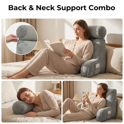 Riousery Reading Pillow with Arms and Semi-Round Neck Roll, Bed Rest Pillow for Sitting Up in Bed, Back Support Pillow with Phone Pocket for Reading, Watching TV and Gaming, Gray