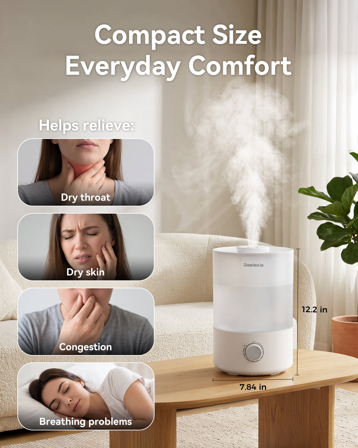 Reelexia 3L Cool Mist Humidifiers for Bedroom, Compact Tabletop Humidifier with Adjustable Mist, Night Light, Aroma Diffuser, Auto Shut-Off, White