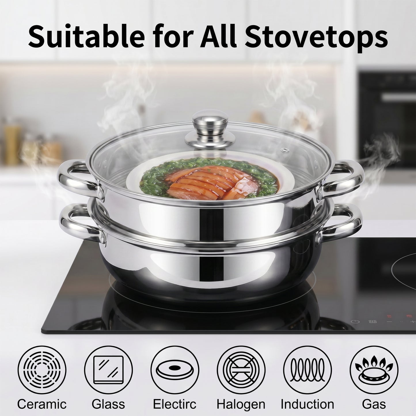 LZSDS Steamer Basket 2 Tier Stainless Steel 11 In, Stackable Steamer Insert Pot with Glass Lid for Vegetables Dumplings