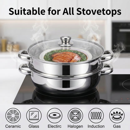 LZSDS Steamer Basket 2 Tier Stainless Steel 11 In, Stackable Steamer Insert Pot with Glass Lid for Vegetables Dumplings