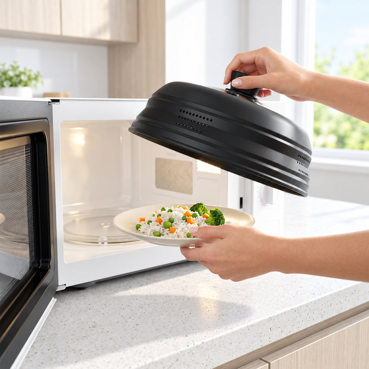 LZSDS 11 inch Collapsible Silicone Microwave Splatter Cover with Tempered Glass Window, Black