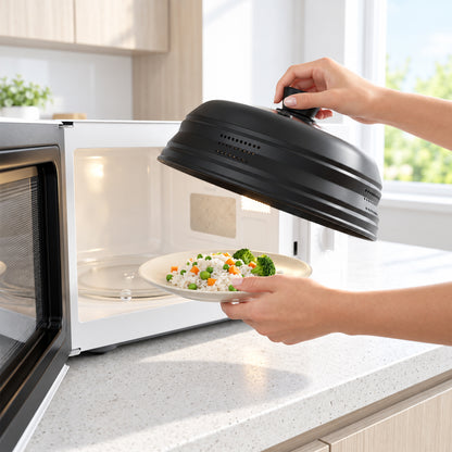 LZSDS 11 inch Collapsible Silicone Microwave Splatter Cover with Tempered Glass Window, Black
