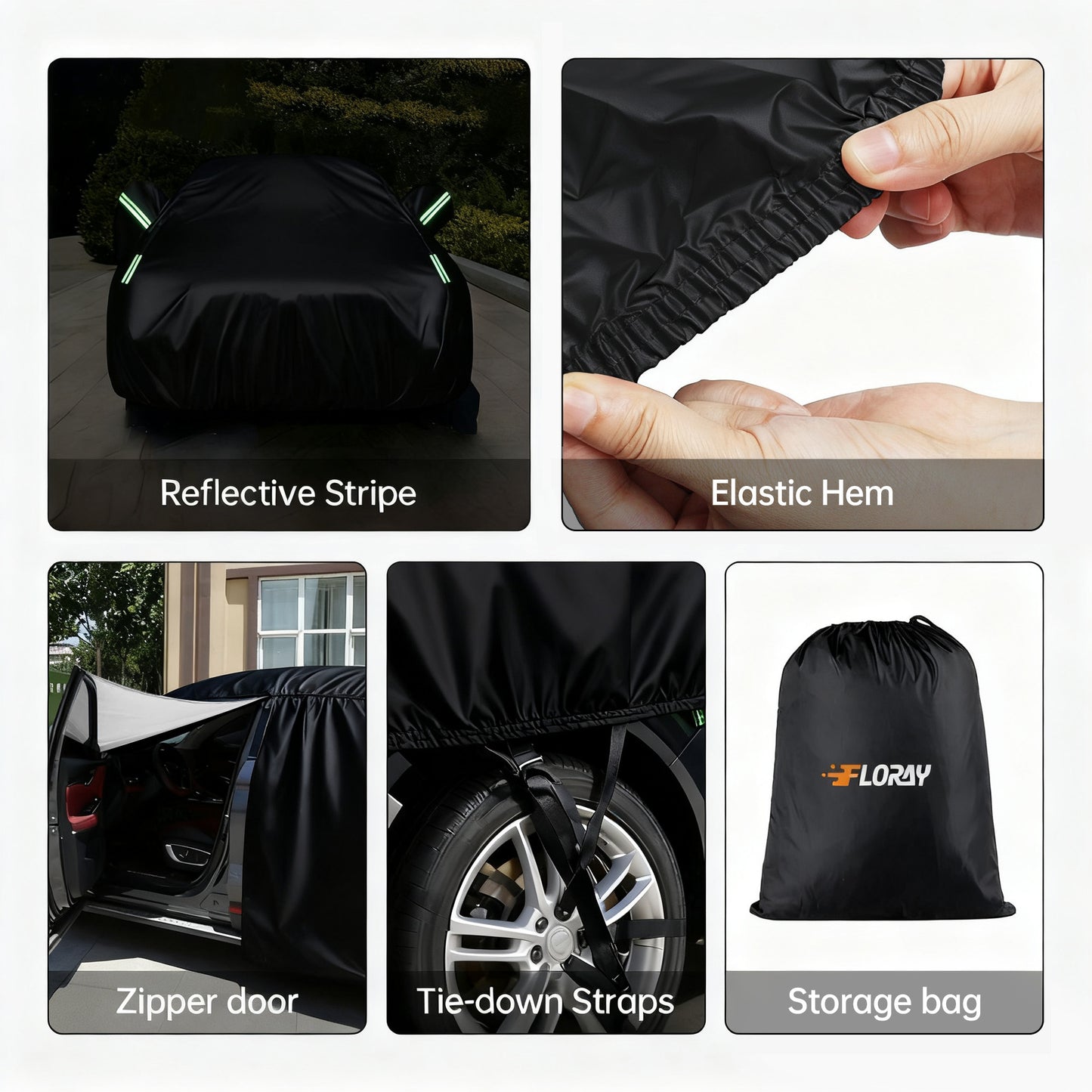 FLORAY Waterproof All-Weather Car Cover with Zipper Door – Heavy-Duty Windproof Protection for Sedan, UV and Snow Guard, Black