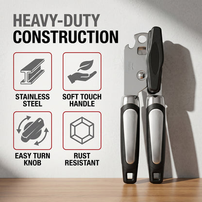 M Buder Can Opener Manual, Stainless Steel Can Opener with Smooth Edge, Ergonomic Handle, Black