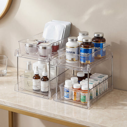 Riousery 2-Tier Clear Under Sink Organizer, 2-Pack Pull-Out Cabinet Storage, Stackable Design for Kitchen and Bathroom