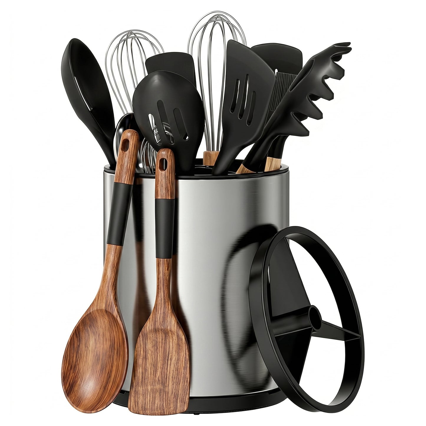 Alylo Kitchen Utensil Holder - 360° Rotating Stainless Steel Extra Large 3-Compartment Flatware Caddy, Silver