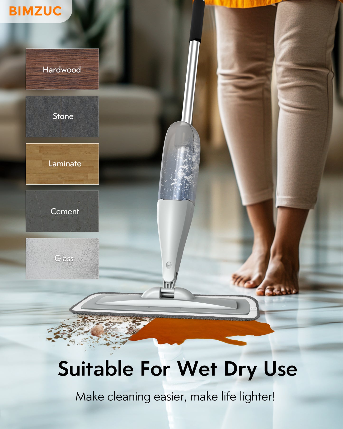 BIMZUC Spray Mop for Floor Cleaning with 3 Washable Pads-Wet Dry Microfiber Mop with 27 oz Refillable Bottle, Gray - New