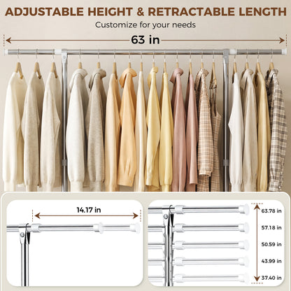 Riousery Heavy-Duty Stainless Steel Clothing Rack with Wheels, Adjustable Height & Length for Closet Organization