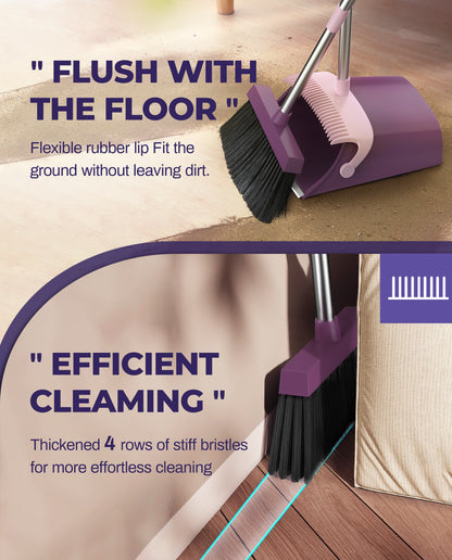 BIMZUC Broom and Dustpan Set for Home, 51" Long Handle Dustpan & Broom W/Comb, Purple Cleaning Kit