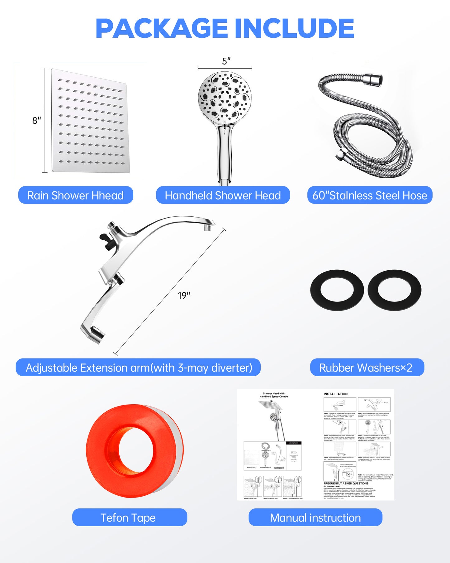 Hodvit High Pressure Rainfall Shower Head 10 Spray Handheld Showerhead Combo, 360° Degree Rotating Extension Arm, New