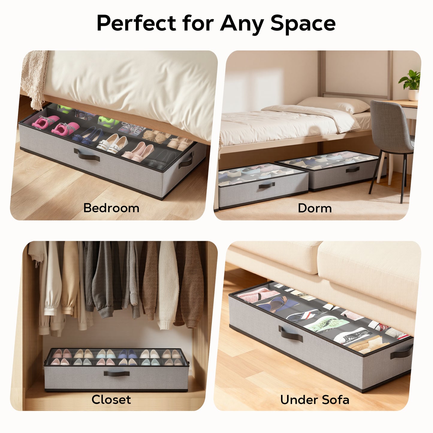 WEENEED 2-Pack Under Bed Shoe Storage Organizer, Fits 24 Pairs with Individual Dividers, Foldable Underbed Shoe Box for Closet