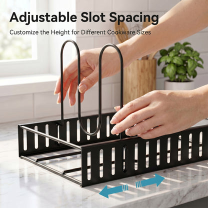 Riousery Pot and Pan Organizer Rack for Cabinet, 8-Tier Adjustable Cookware Organizer with Dividers, 3-Way Assembly, Tool-Free Setup, Non-Slip Storage for Pots, Pans, Lids and Bakeware