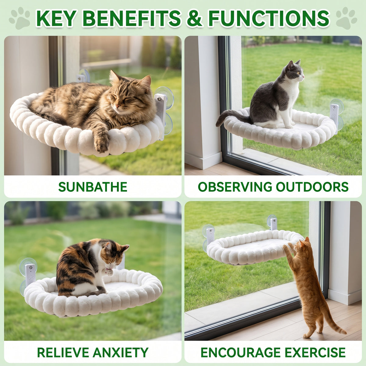 Tolobeve Foldable Cat Window and Wall Perch, Steel Frame Hammock, White Flannel, Holds 33 lbs,XL