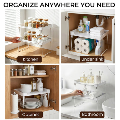 Riousery 2-Pack Stackable Cabinet Organizer Shelves, Foldable Kitchen Cabinet Storage Rack, PET Shelf with Stainless Steel Legs, 12.3" L x 8.8" W x 6.8" H, White