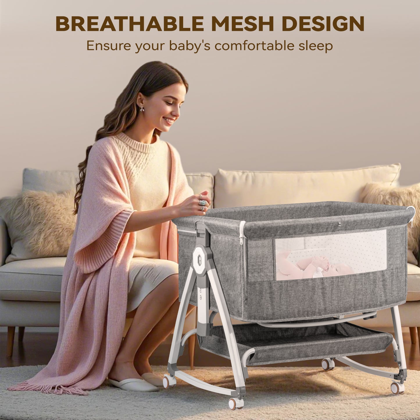 Rupoun Bassinet, Bedside Sleeper, Foldable Baby Crib with 6 Adjustable Heights and Mesh Panels, for Infant Newborn Child, Gray