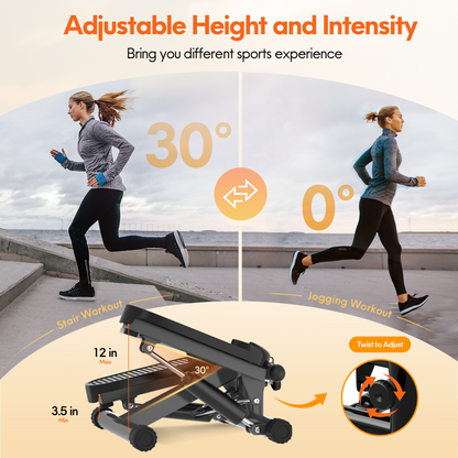 Opmukin Mini Steppers for Exercise, Mute the Sound with Resistance Bands, 331lbs Loading Capacity, Digital Monitor, Optional Twist Motion for Home Fitness - Dark Black