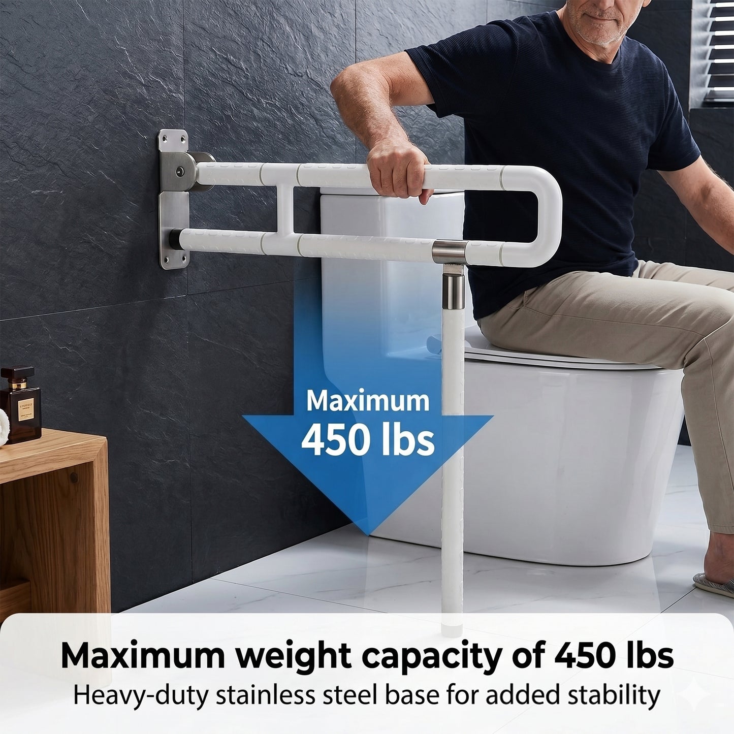 AOLIGO Foldable Toilet Grab Bar with Leg Support, Handicap Grab Bars for Bathroom, Toilet Safety Rails for Elderly Pregnant and Disabled