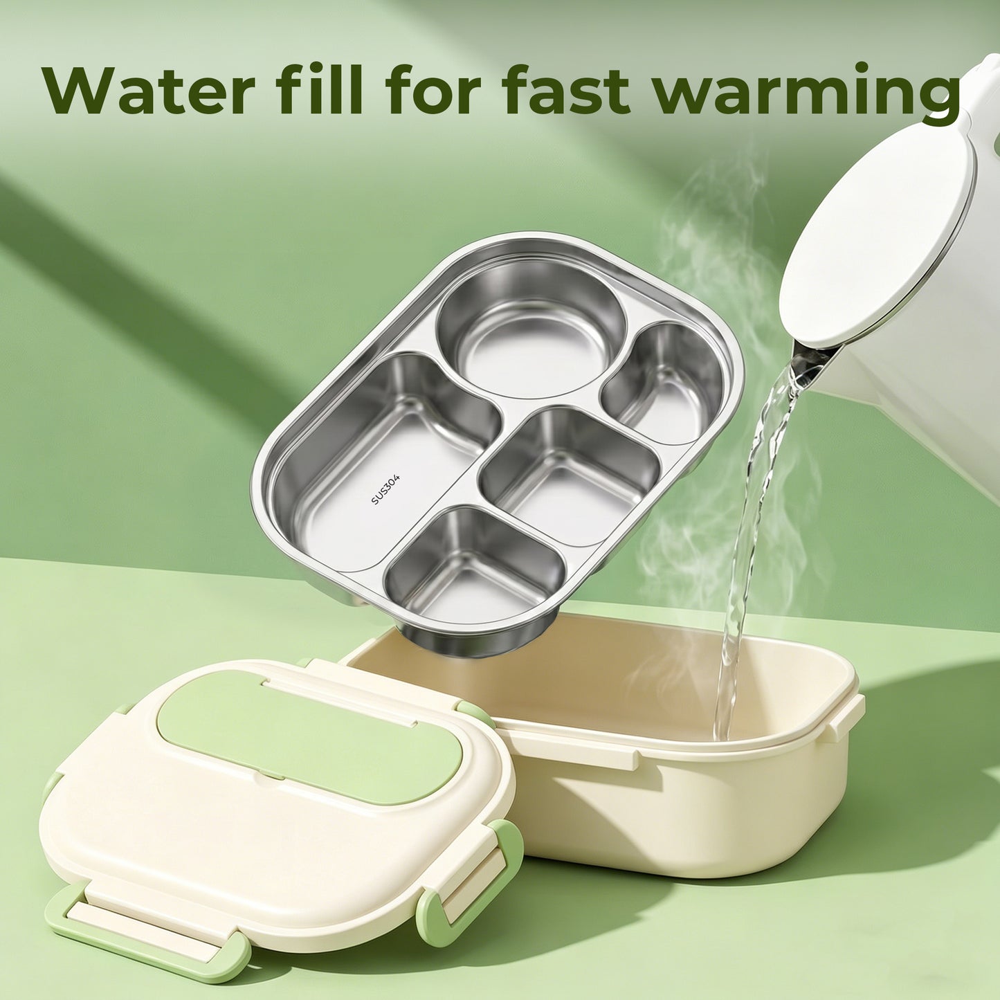 M Buder Bento Box for Kids, Leak-Proof 304 Stainless steel Lunch Box with 5 Compartments , Double Insulated Food Jar, Fork, Spoon, Green
