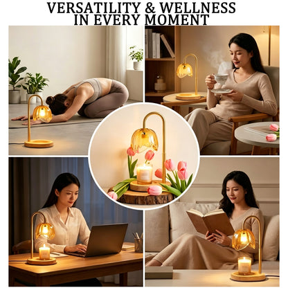 AOLIGO Electric Candle Warmer Lamp with Timer Adjustable Height Dimmable Flower Glass Wax Melting Light Wooden Base for Small Jars, Yellow