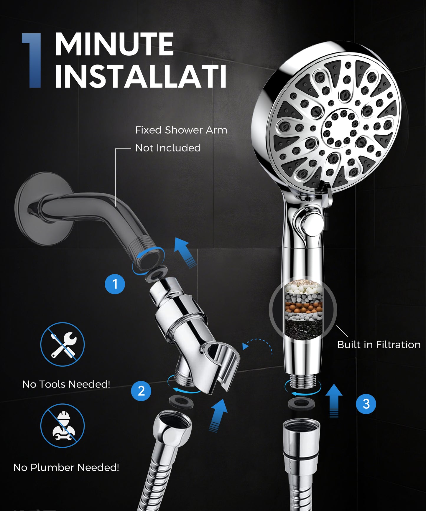 Hodvit Handheld Filtered Shower Head, 10 Spray Modes High Pressure Shower Head with Pause Function, New