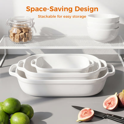M Buder Casserole Dishes for Oven, Ceramic Baking Dish Set of 3, Thick Rectangular Baking Pans with Handles for Baking Cake, White