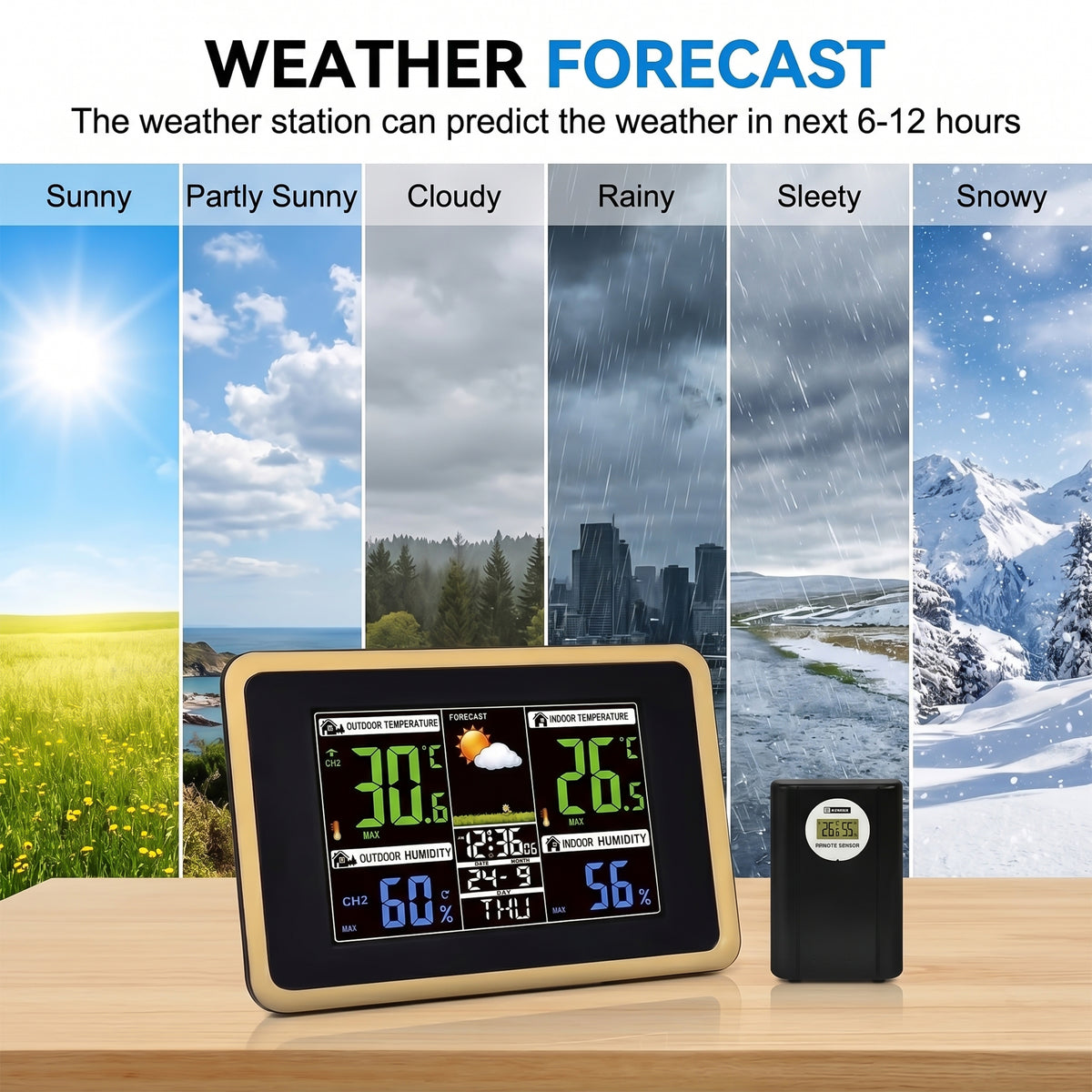 XSAPT Wireless Weather Station, Indoor Outdoor Thermometer, Color Display, Black