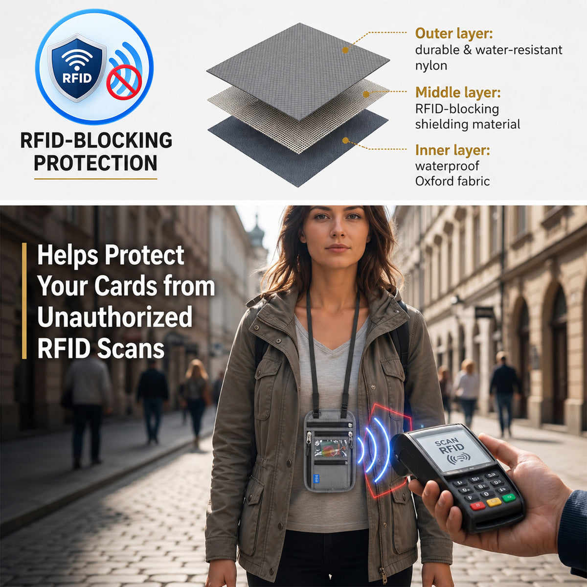 Riousery RFID Passport Holder Neck Wallet, Waterproof Nylon Travel Wallet with ID Window, Zipper Pockets and Adjustable Strap for Women and Men, Light Gray