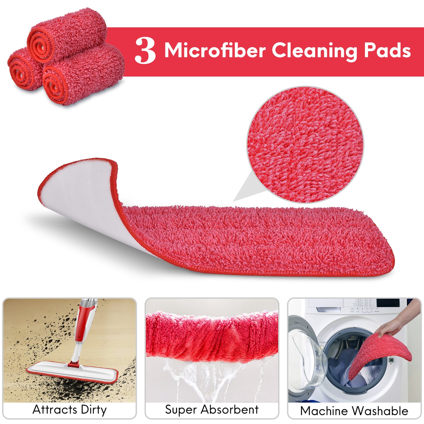 BIMZUC Spray Mop for Floor Cleaning Wet & Dry, with 14 oz Refillable Bottle and 3 Washable Microfiber Pads, Red