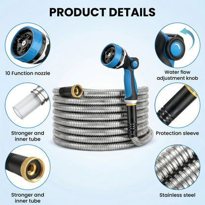 OHHANI Garden Hose 5/8" x 25ft with 10 Function Nozzles Stainless Steel Water Hose No Kink for Yard Outdoor and Car Wash