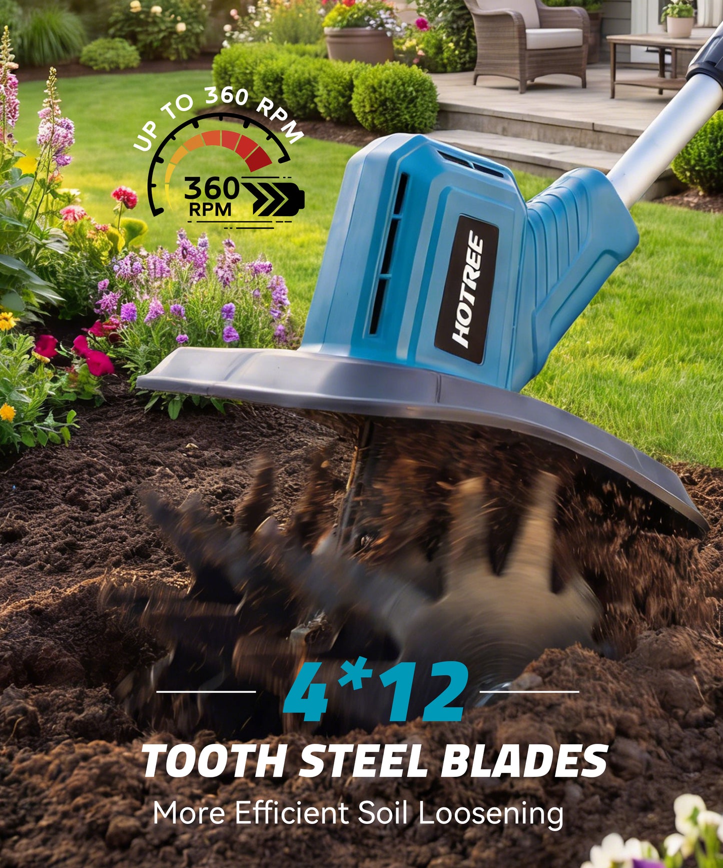 HOTREE Cordless Electric Tiller 4pcs Blades 12in Tilling Width and 8in Depth Electric Garden Rototiller 300rpm for Lawn Gardening Soil Cultivation