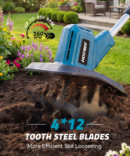 HOTREE Cordless Electric Tiller 4pcs Blades 12in Tilling Width and 8in Depth Electric Garden Rototiller 300rpm for Lawn Gardening Soil Cultivation
