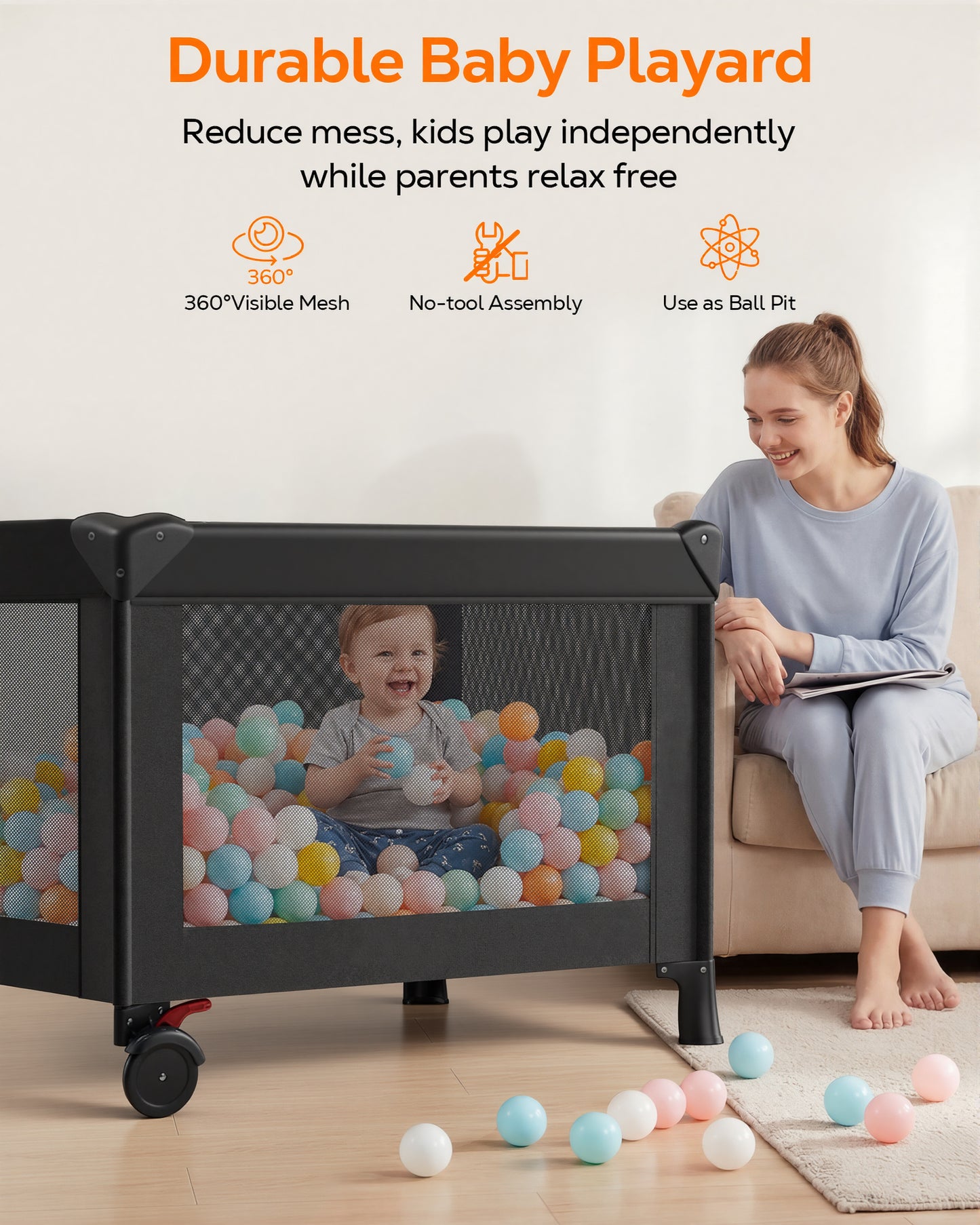 RUPOUN Baby Playards, Foldable Nursery Center Playpen and Toy Mobile, Portable Travel Bassinet, Locking Wheels, Gray