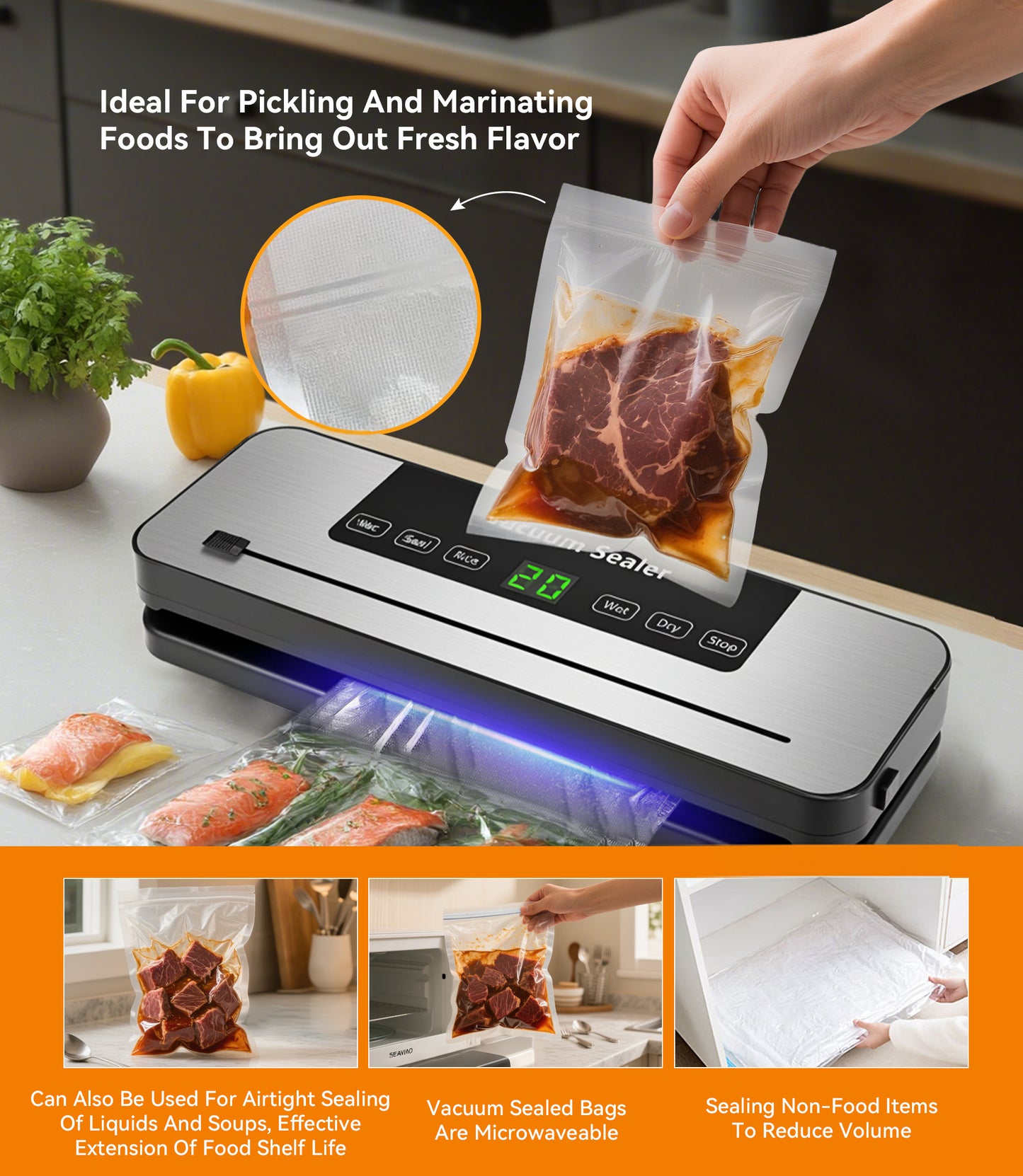 M Buder Vacuum Sealer Machine, Automatic Sealing for Food Storage with Cutter, 5 Modes, Residential, Commercial