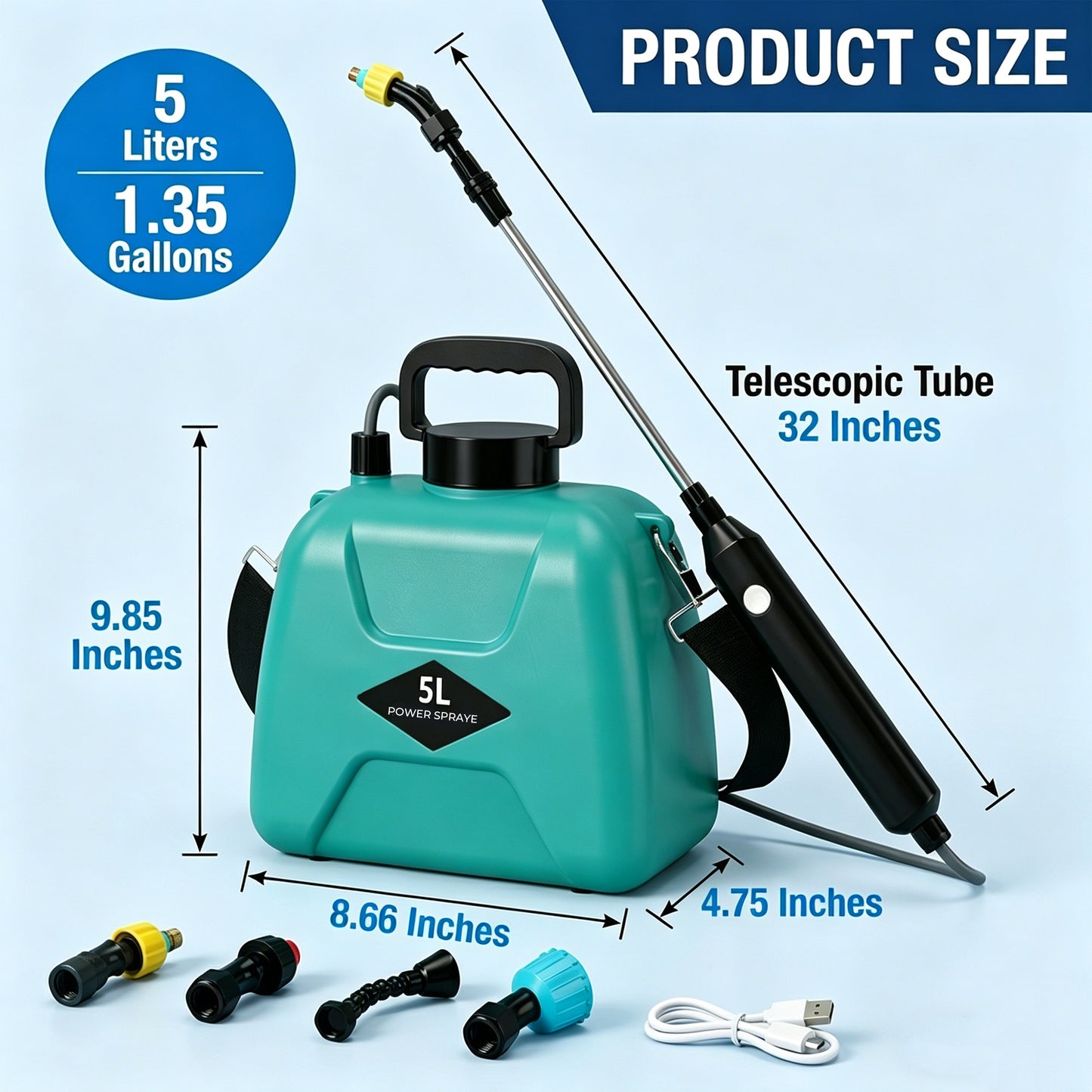 OHHANI Battery Powered Sprayer, 5L Cordless Electric Portable Garden Sprayer with USB Rechargeable Handle Telescopic Wand 4 Nozzles,  for Lawn Garden