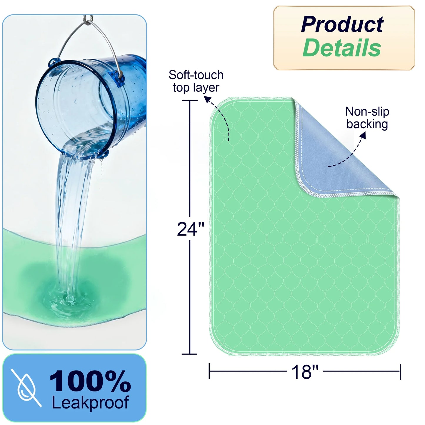 BOKYAN Washable Bed Pads 4 Pack 18"x 24", Reusable Incontinence Underpads with Extra Heavy Absorbency for Diaper Changing, Pee Pads, Puppy Pads, Waterproof Sofa Protector, Green and Blue