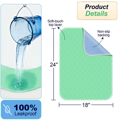 BOKYAN Washable Bed Pads 4 Pack 18"x 24", Reusable Incontinence Underpads with Extra Heavy Absorbency for Diaper Changing, Pee Pads, Puppy Pads, Waterproof Sofa Protector, Green and Blue